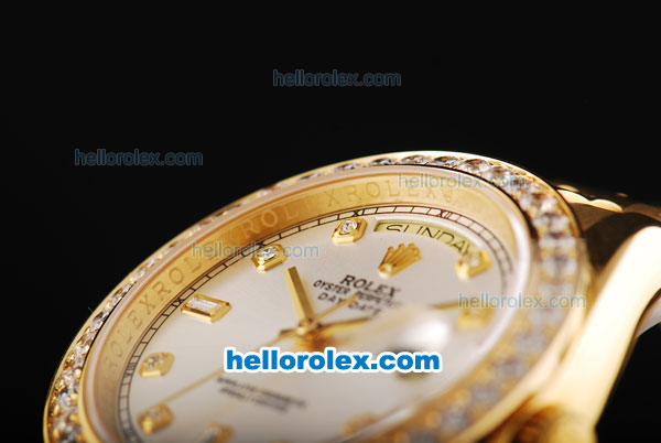 Rolex Day Date II Automatic Movement Full Gold with Diamond Bezel-Silver Dial and Diamond Markers - Click Image to Close